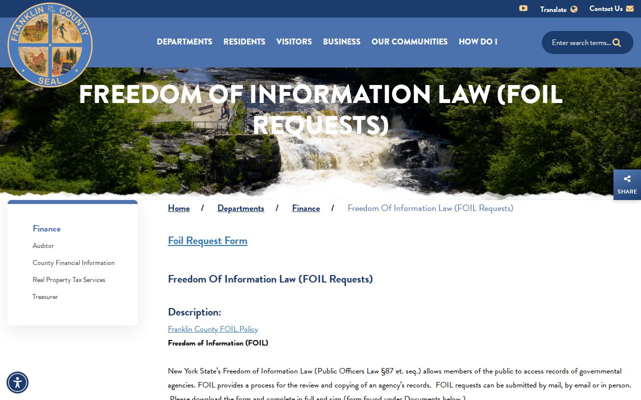 Franklin County arrest record FOIL request page