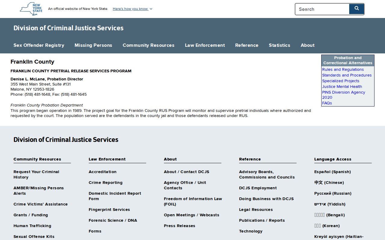 Franklin County Malone criminal history source for alternatives to incarceration