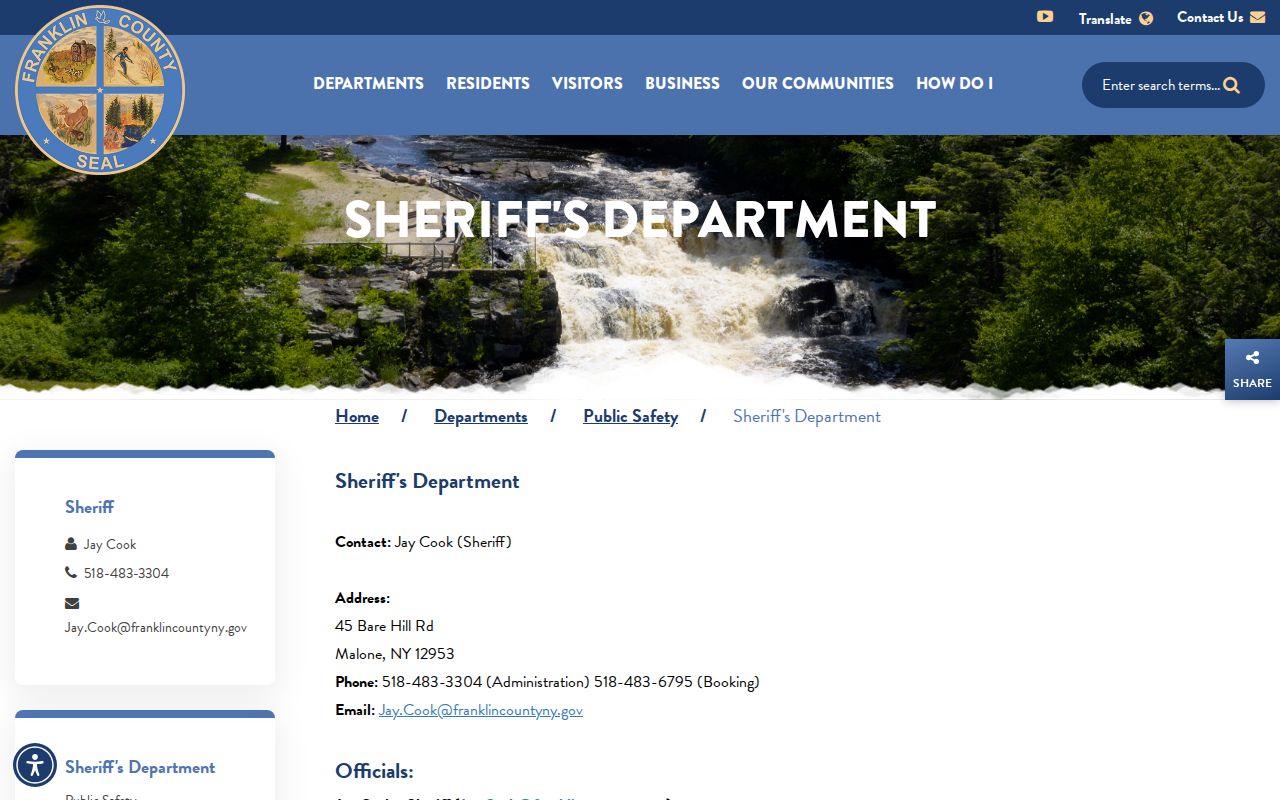Franklin County criminal history sheriff contact and booking information