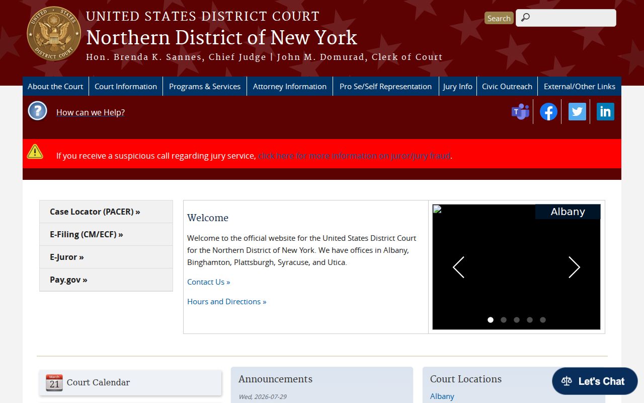 Franklin County Saranac Lake criminal case records source at the Northern District